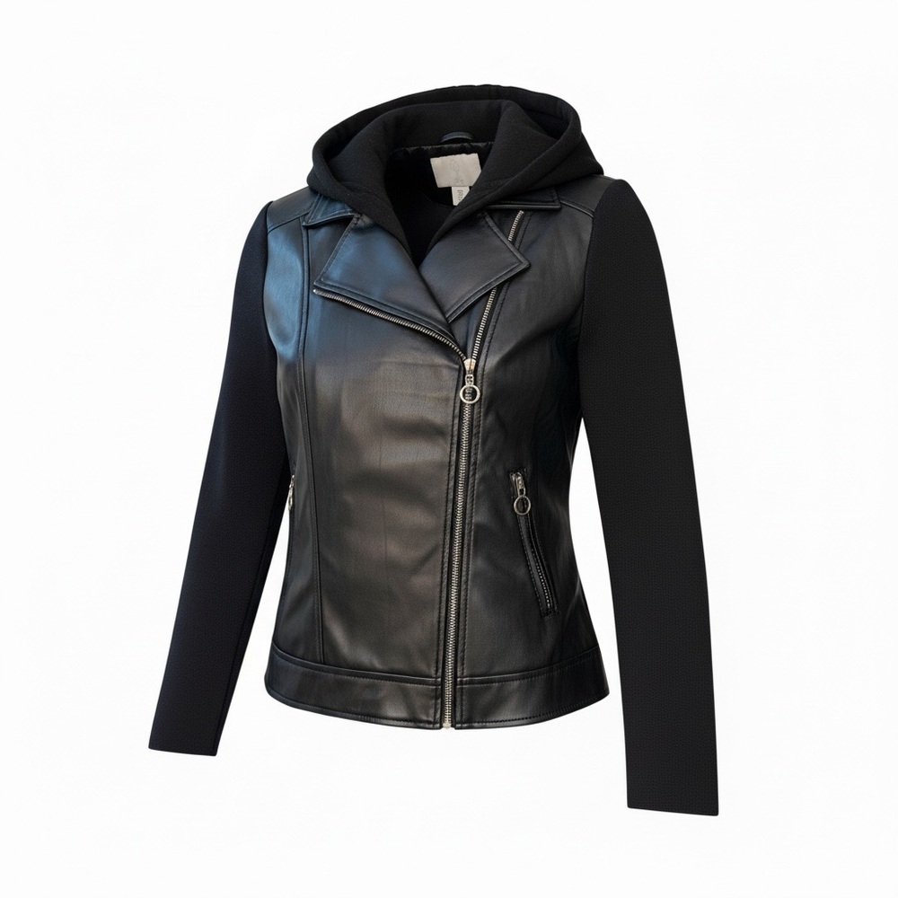 Joie Black Faux Leather Mixed Media Jacket with with Knit Hood and Sleeves